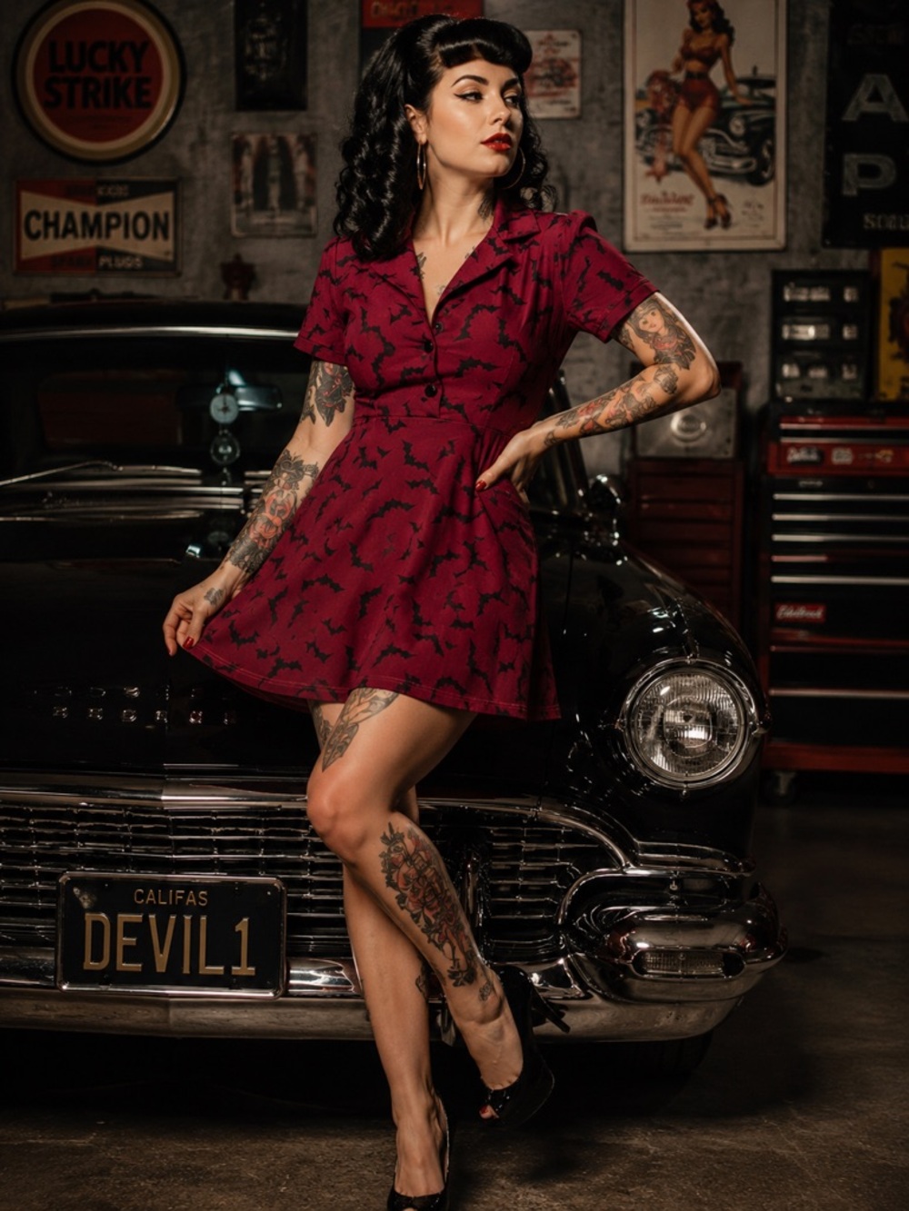 Sourpuss Fit and Flare short Sleeve Mini Dress Bat Print M